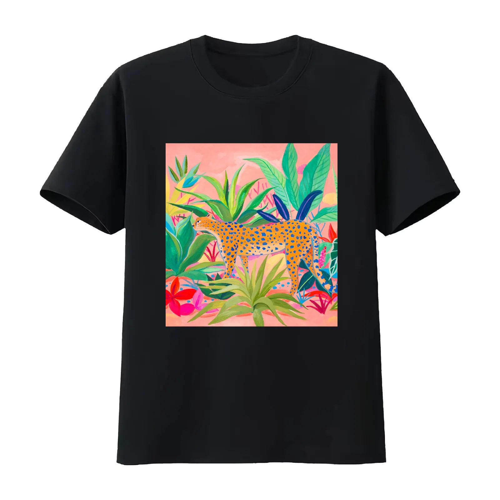 Leopard in Succulent Garden T-Shirt Summer Casual Cotton Tee Oversized Streetwear Tops Vintage Graphic Print 100% Cotton