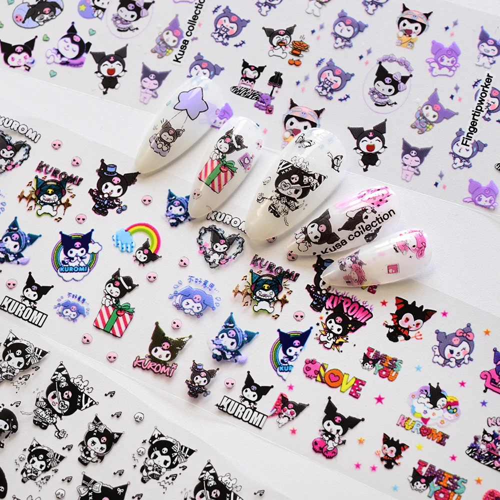 10Rolls/Box3D 혼합 HelloKitty Kuromi 네일 호일 스티커 Kawaii 다채로운 키티 네일 데칼 만화 블랙 퍼플 Kuromi 네일 슬라이더
