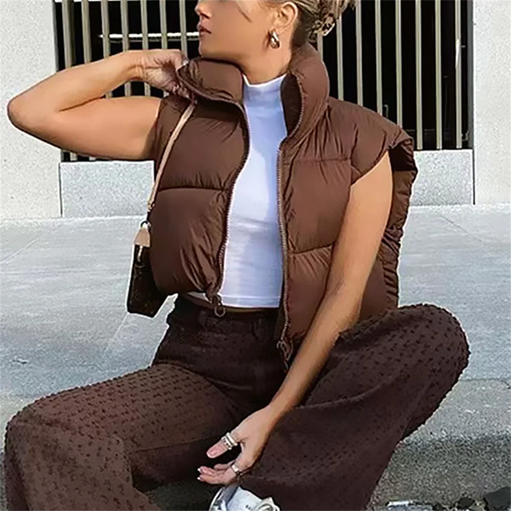 Chaleco corto de otoño e invierno para mujer, abrigos sin mangas elegantes e informales cálidos con cuello levantado, chaquetas de viaje acolchadas para exteriores, ropa