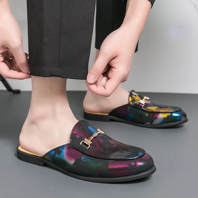 Men Colorful Leather Mules Breathable Backless Slip On Loafers Summer Fashion Comfortable Sandals Half Slippers for Men Casual