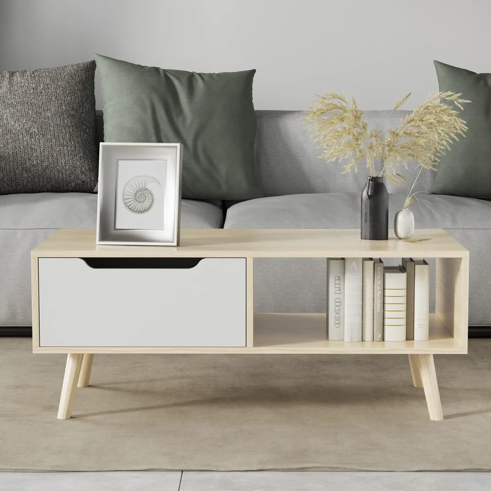 Table basse moderne en bois de chêne avec rangement, table de cocktail minimaliste du milieu du siècle, pour le couloir, la salle de séjour, la réception d'appartement