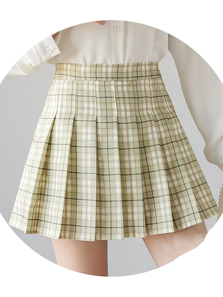 Sommer Damen Rock Shorts Plaid Faltenröcke Tanz Hohe Taille A-Linie Student Mini Mädchen Grün