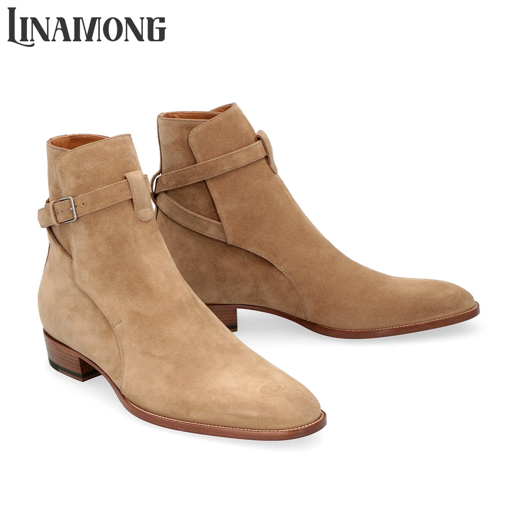 

Suede Leather Boots Rivet Cross Strap Buckle Chelsea Boots Round Pointed Toe Side Buckle Retro British Style Ankle Strap Boots