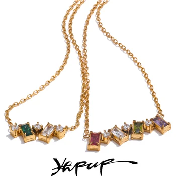 Yhpup Prachtige Kleurrijke Zirconia Kleine Vierkante Ketting Hanger Roestvrij Staal Delicate Mode-sieraden Groothandel