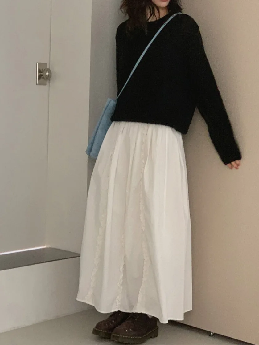 Korean Style Sweet Design Asymmetrical Wooden Ear Decor Elastic Waist A-Line Fairy Half Skirt Women's mid Waist Polyester Fib...
