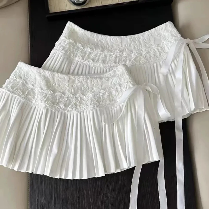Sexy Lace Mini Skirt Women Summer High Waist A Line Bow Solid Pleats Skirts Female Preppy Casual Sweet Exquisite Fashion Skirt