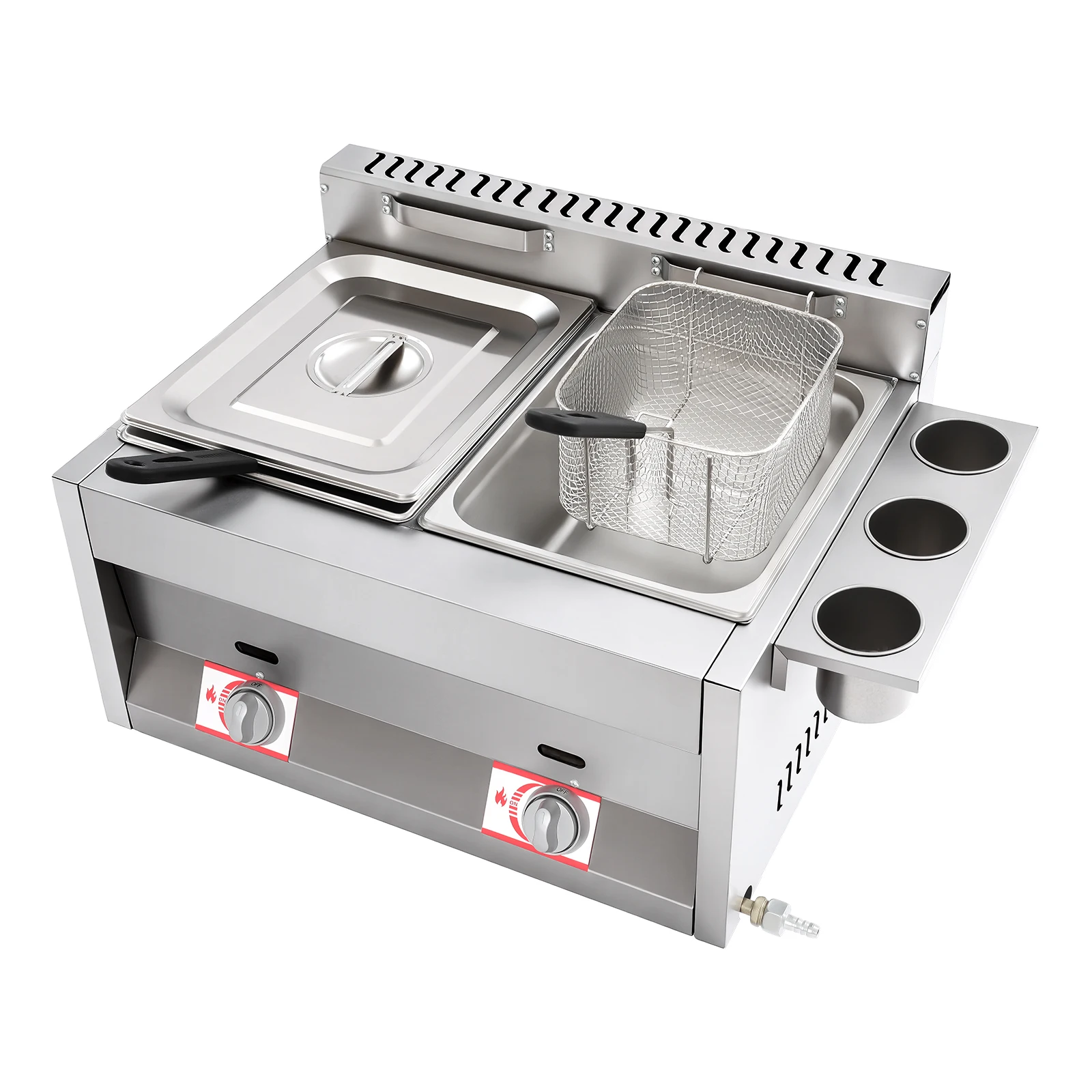 Friteuse commerciale en acier inoxydable, double réservoir, friteuse à gaz de cuisine avec panier et couvercle 50-380 ° Contrôle de la température C