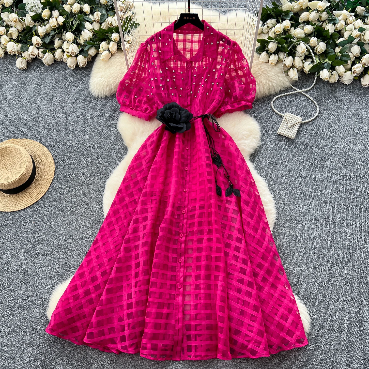 

Vintage Elegant short sleeve rhinestone Plaid slim Dress Korean Fashion Long dress hotsweet Women Fashion Dresses