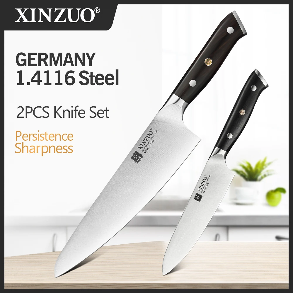 XINZUO 2 Piece Stainless Steel Multi-Purpose Knife Set Germany 1.4116 High Carbon Stainless Steel Chef+Utility Knife Set