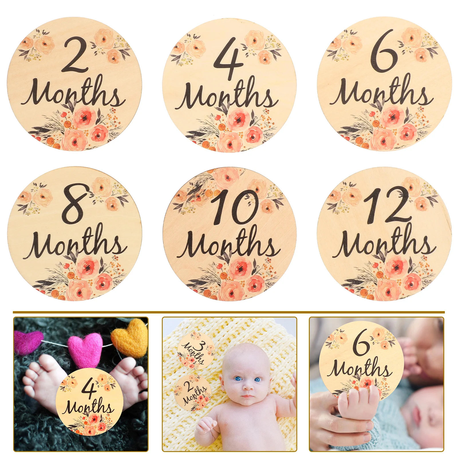 6 Pcs Milestone Card Months Newborn Monthly Discs Signs Baby Wooden Cards Double-sided The