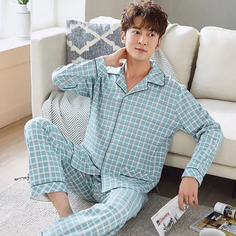 

Мужской хлопковый пижамный комплект — непринужденная одежда больших размеров на пуговицах