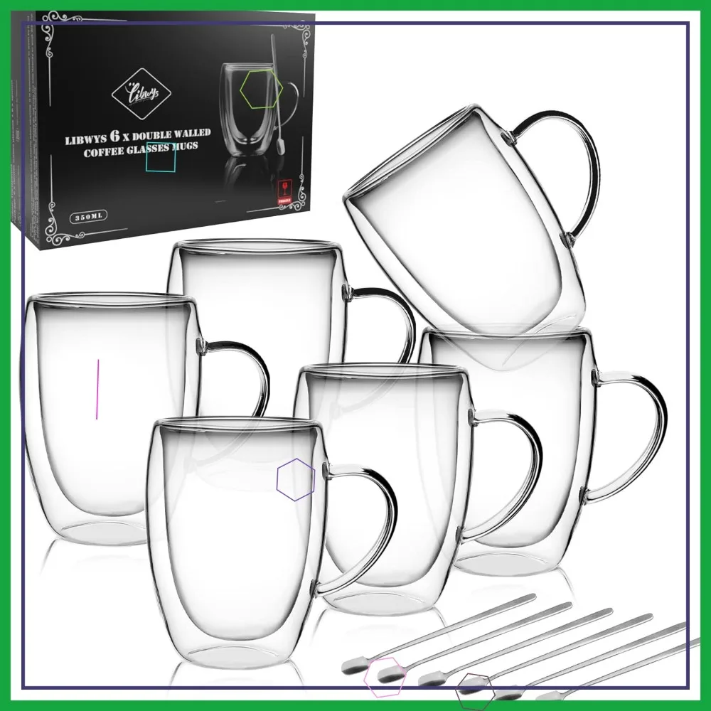 

Набор из 6 термостойких кружек с двойными стенками, 350 мл, из боросиликатного стекла, для эспрессо, латте и чая