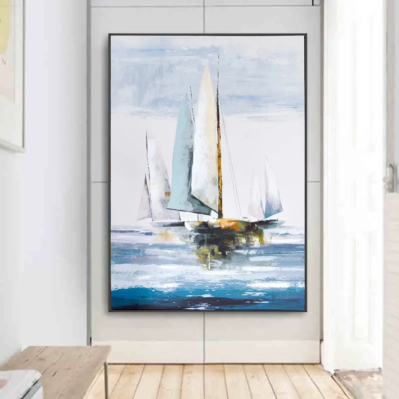 

Seascape Hand-painted Oil Painting Wall Art Abstract Ocean Artwork Coastal Picture Sailboat Landscape Modern Style For Home