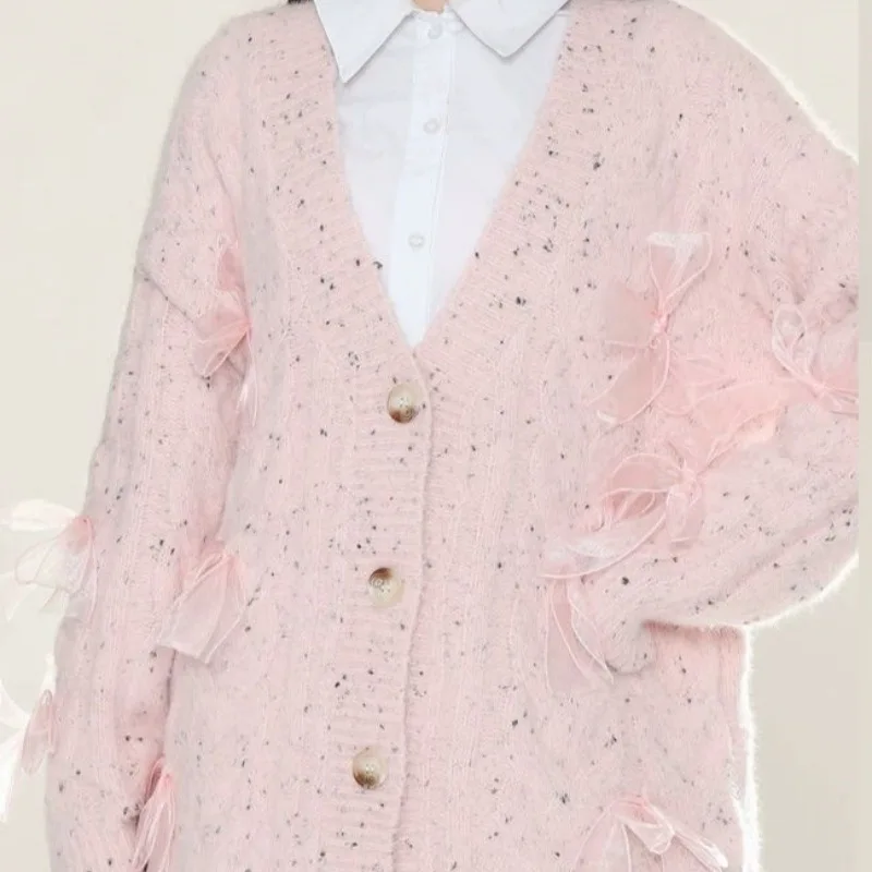 

Woman French Elegant V-Neck Knitted Cardigan Oversized Casual Bow Print Sweater Long Sleeve Korean Streetwear New Design Chic