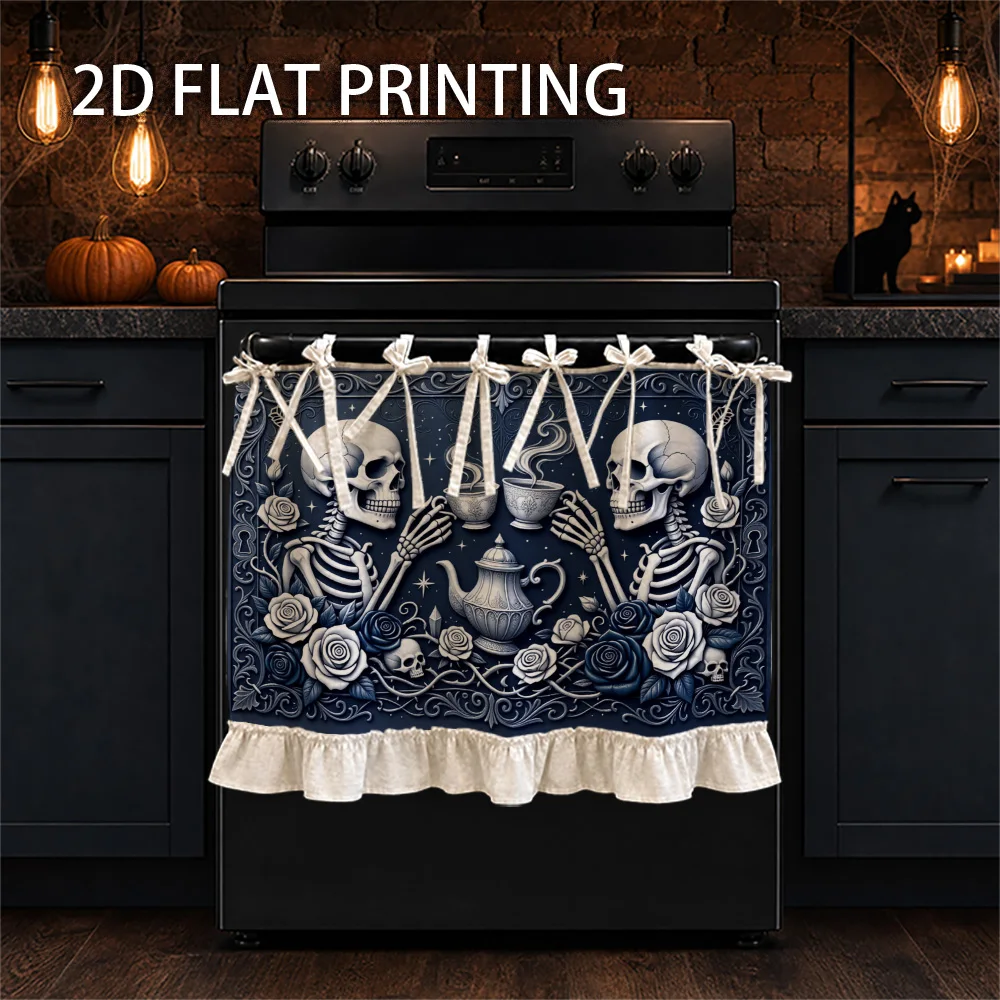 1PC kitchen stove curtain, cabinet curtain, apron. Features a 2D graphic print design with a skull and rose motif. Can be used a