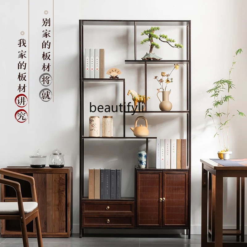 

New Chinese style background partition tea cabinet rack display cabinet non-solid wood ornament decorative rack