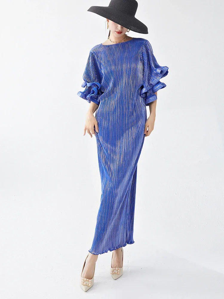 

Miyake 2025 Summer Fashion Casual Versatile Skirt High-end Round Neck Half-sleeve Solid Colour Straight Pleated Women's Dress