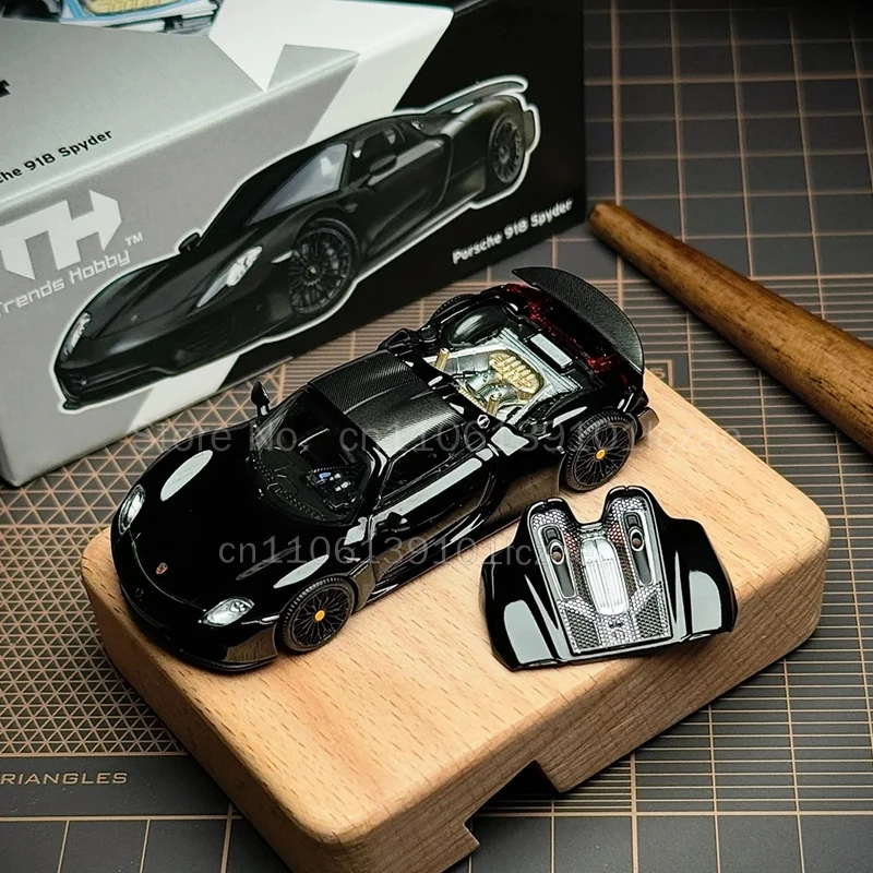 Trends Hobby 1:64 Scale Porsche 918 Spyder Black Open Cover Diecast Alloy Sports Car Model Collectible Vehicle Display 114