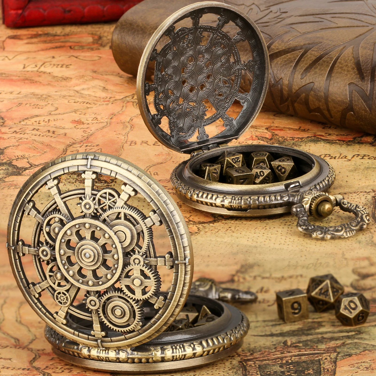 YISUYA Punk Gear Pocket Watch Case Dice Set, 7pcs Polyhedral Metal DND Dice, Roleplaying Board Game Accessories Party Gifts image 3