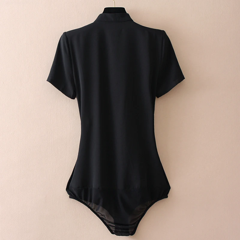 Chiffon Women Shirts Black White Blouse Stand Collar Pleated Short Sleeve Bodysuit Office Ladies  Button Up Shirts with Panties