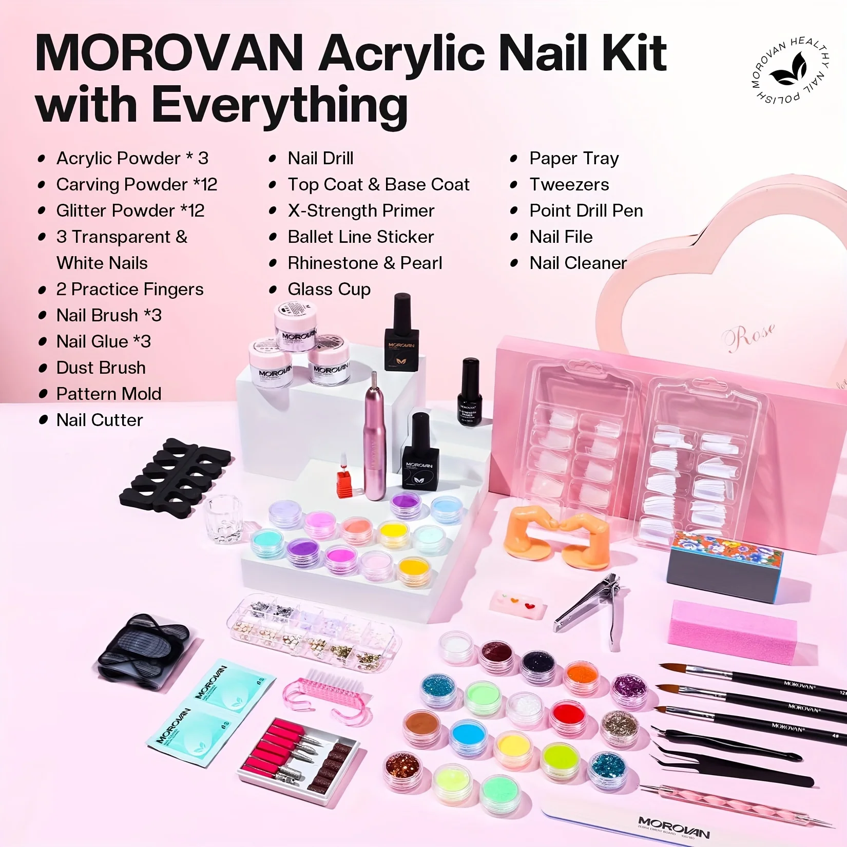 Morovan Beginner Acrylic Nail Kit: Contains Full Nail Kit Acrylic Kit with Glitter Acrylic Powder, Nail Extension Complete Start