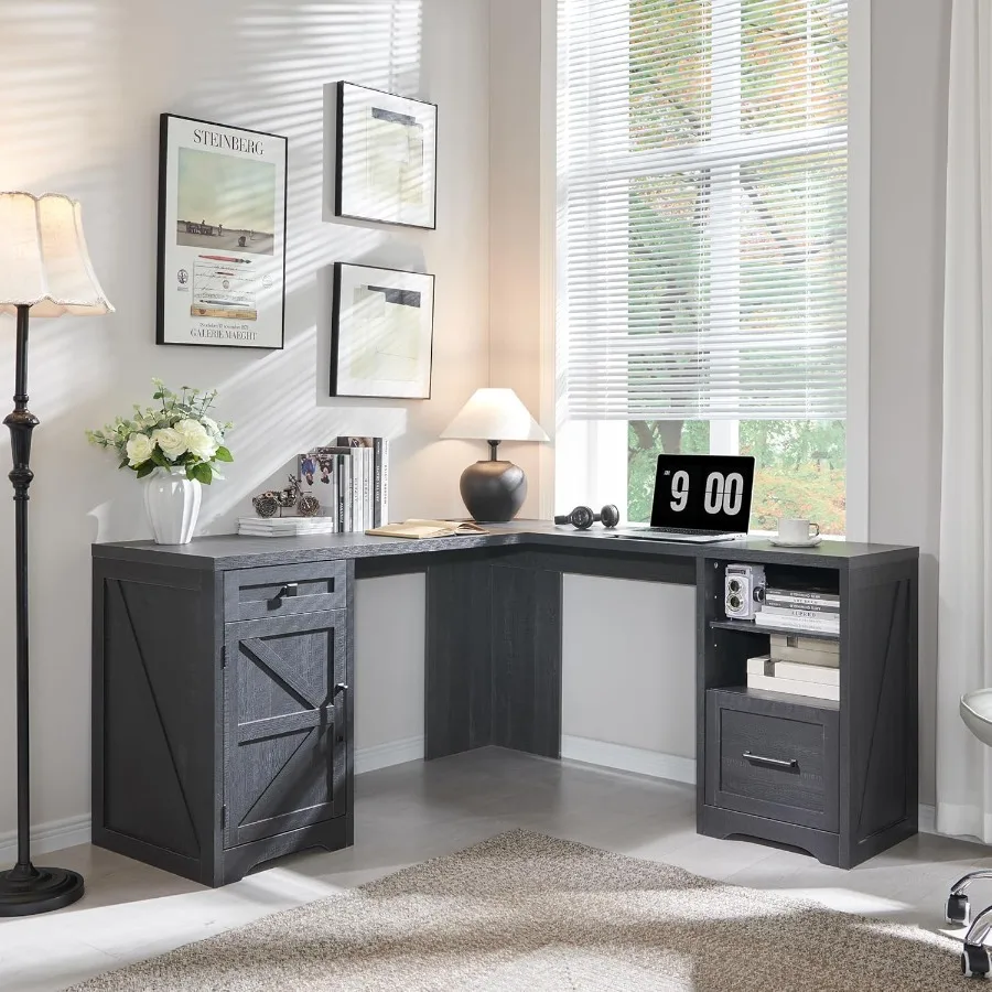 مكتب منزلي مكتب كمبيوتر حديث للمزرعة مع خزانة ملفات حرف T4 F4 مكتب كتابة للدراسة القانونية 59 Ih أسود رائع #1