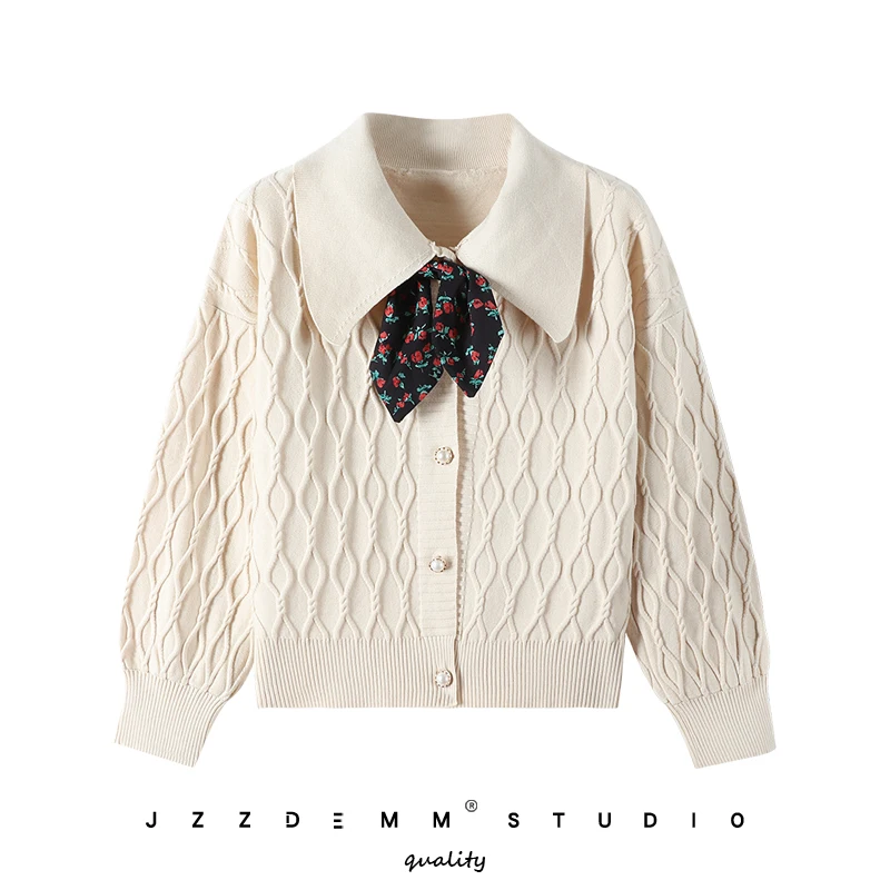 

Ele Small Bowtie Patterned Long Sve Knitted Sweater Women's Pure Color Waist-Cinching Collar Open Cardigan