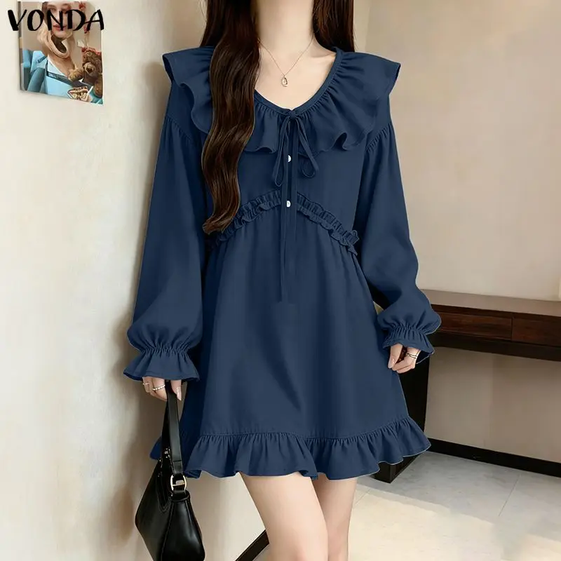 VONDA Fashion Women Ruffled Mini Dresses Long Sleeve Solid Party Sundress Spring V-Neck Casual Loose Bandage Streetwear Robe
