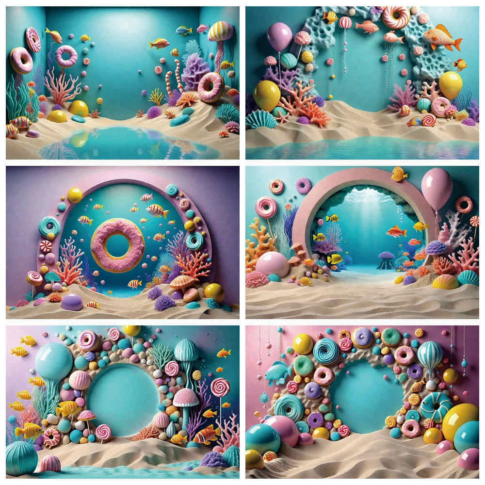 

MOON.QG Children Mermaid Arch Blue Birthday Backdrop Summer Candy Land Seabed Photo Shoot Background Beach Party Photocall Props