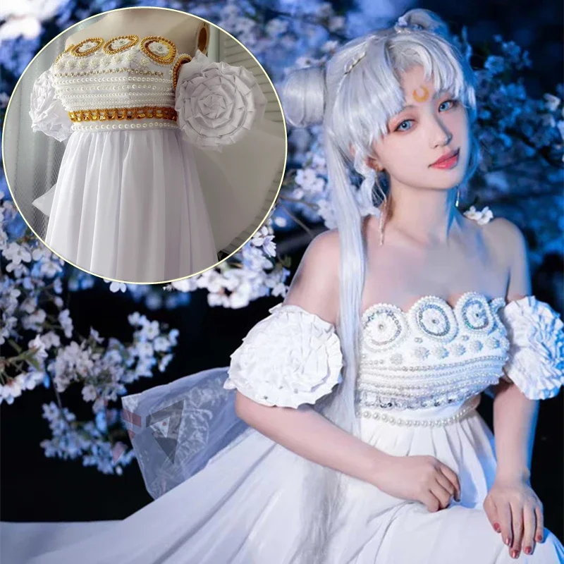 New Princess Cosplay Costume White Silver Golden Moon Dress Wings Bow Sleeves Set Custom Made For Christmas Halloween Game Party