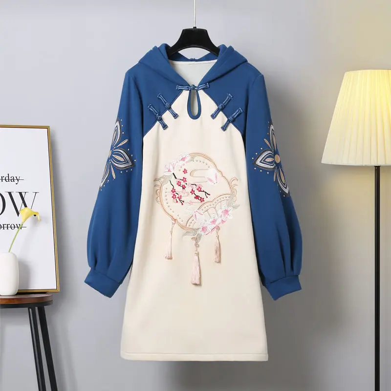 Original Large-sized Embroidered Women Sweatshirts Chinese Style Long Sleeve Plush Hooded Dress For New Year's Hanfu Winter 2024