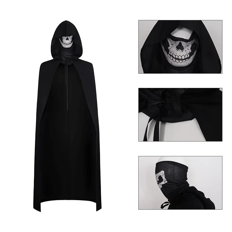 Grim Reaper Cloak Costume with Scythe for Kids Adult  Scary Halloween Horror Outfit Set Wizard Hooded Cape Robe Cosplay Prop