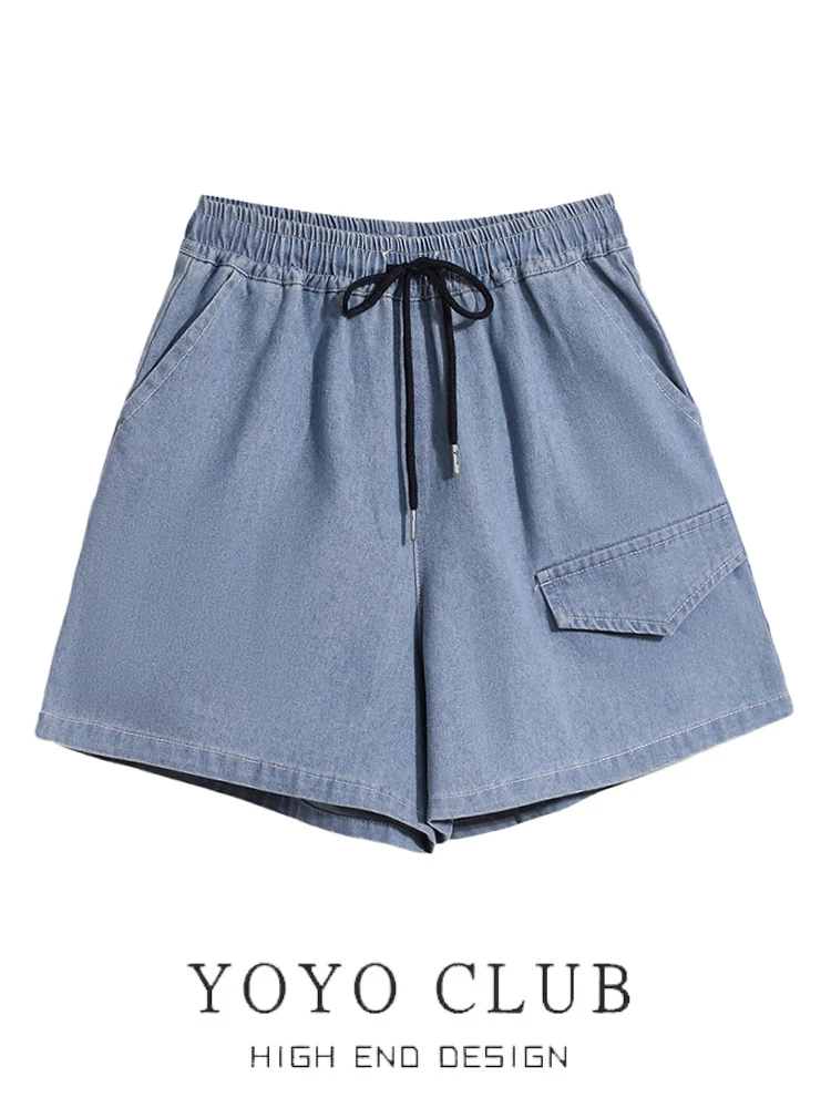 

High Waist Wide Leg ort Jeans Women's Summer Thin Brand Bule Dstring Loose Straight Cut Five-Quarter Pants