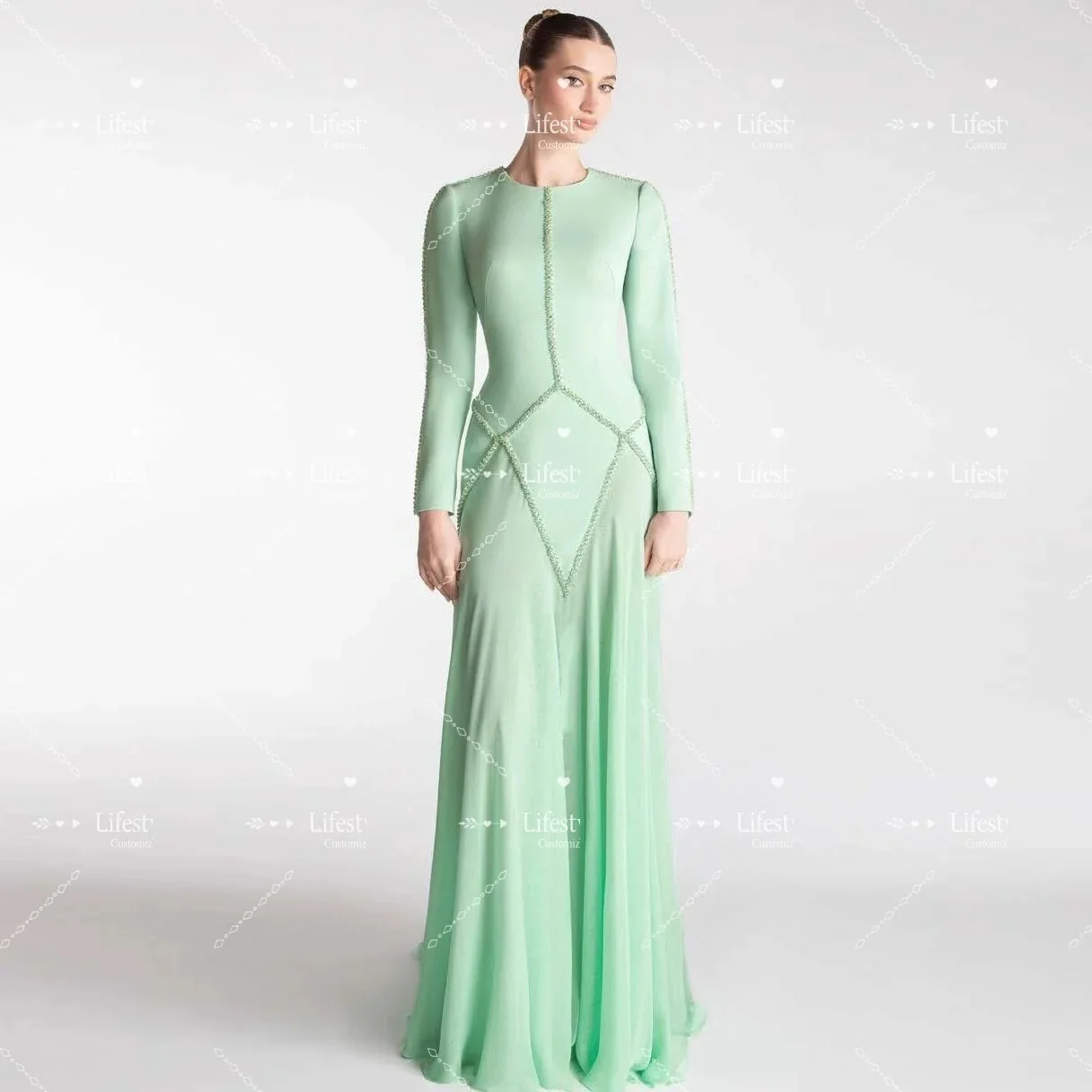 Customized Mint Round Neck Prom Dresses 2025 Long Sleeves Beads Luxury Evening Dress Long Wedding Formal Party Gown