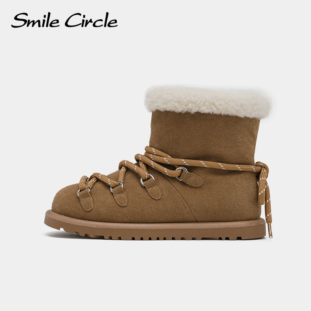 Smile Circle Women Snow Boots Suede Leather Plush Warm Round Toe Snow Boots Winter Lace Up Hundred Boots