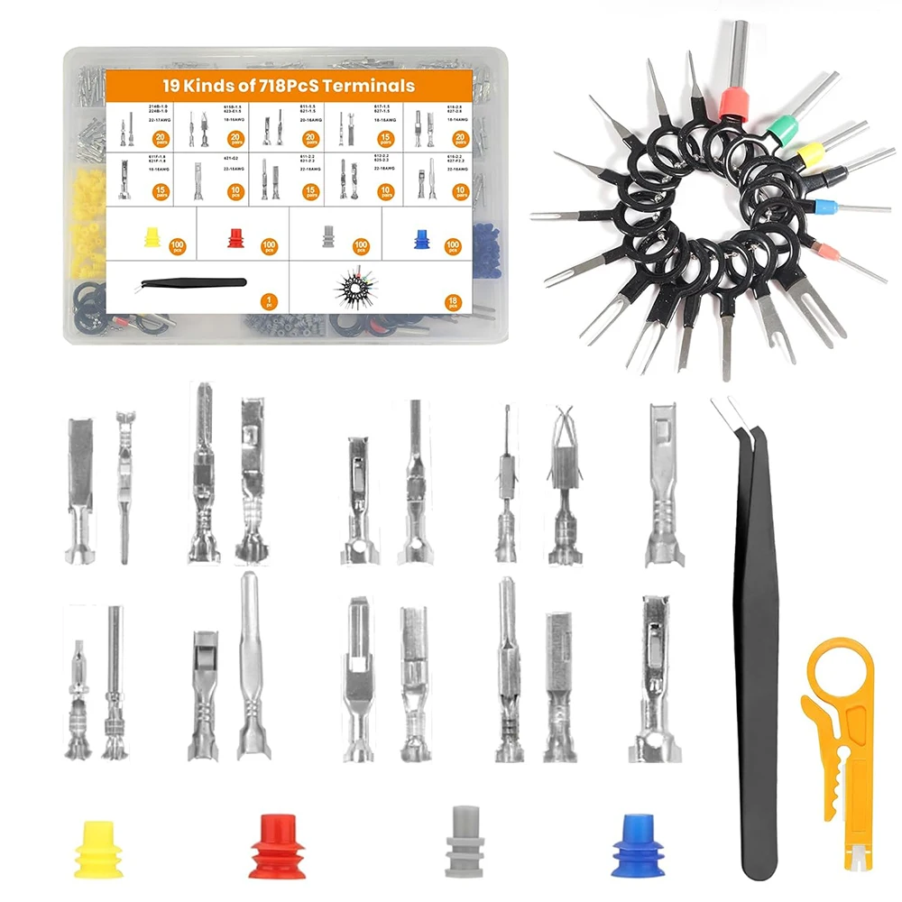

718PCS 1/1.5/1.8/2.2/2.8/3.5mm Terminal Pin Connector Kit Car Electrical Pin Crimp Wire Female Male Terminal Plug Removal Tool