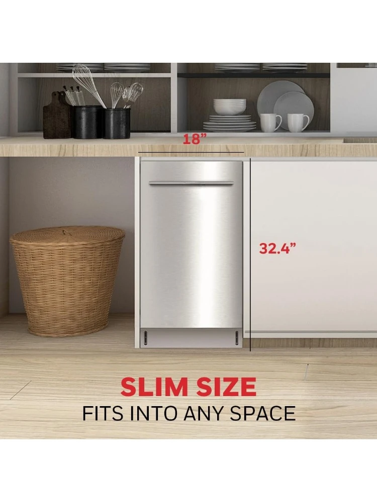 18 Inch Dishwasher with 8 Place settings, 6 Washing Programs, Stainless Steel Tub, UL/Energy Star- Stainless Steel