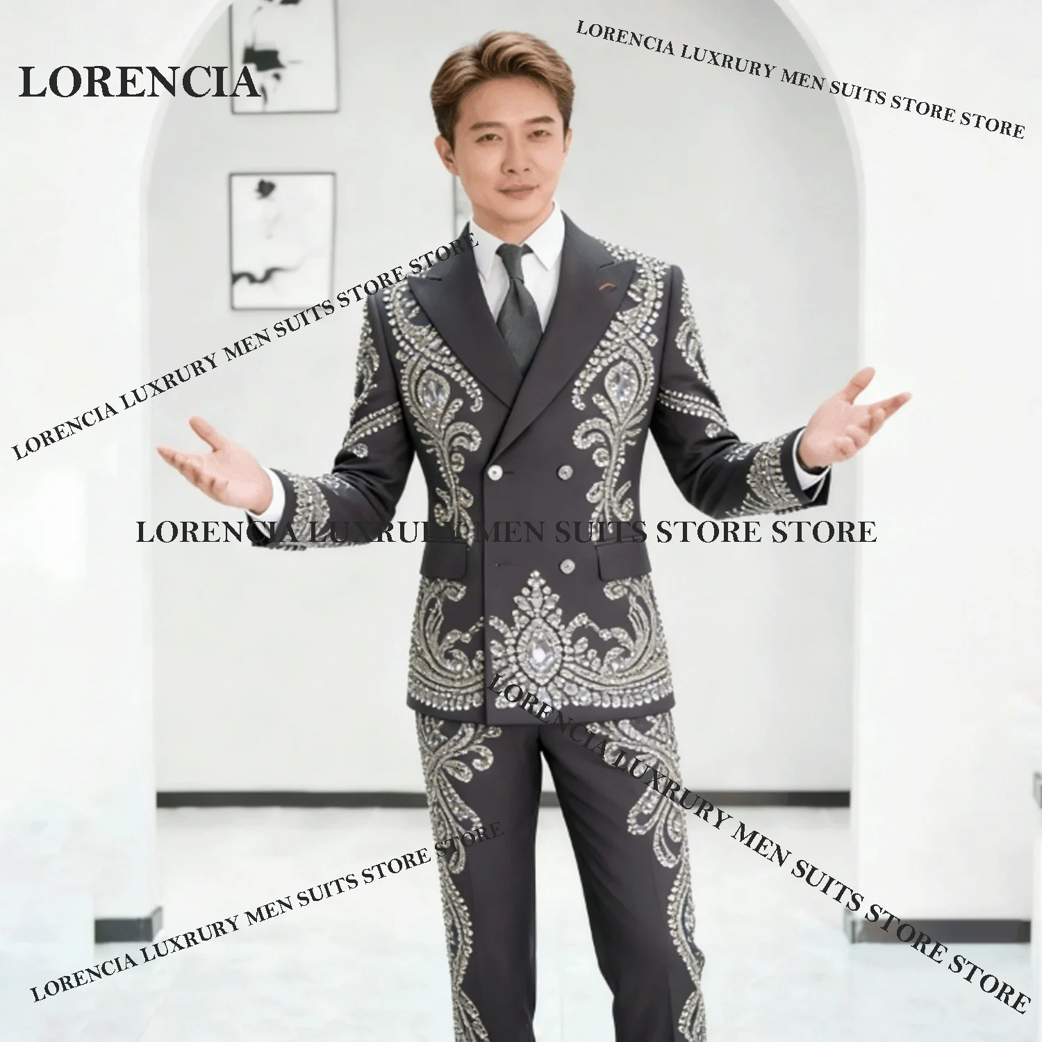 

Customized Formal Jewelry Embroidery Men Suit 2 Pieces Set Male Party Blazers Luxury Groom Wedding Tuxedos Slim Rhinestome Homme