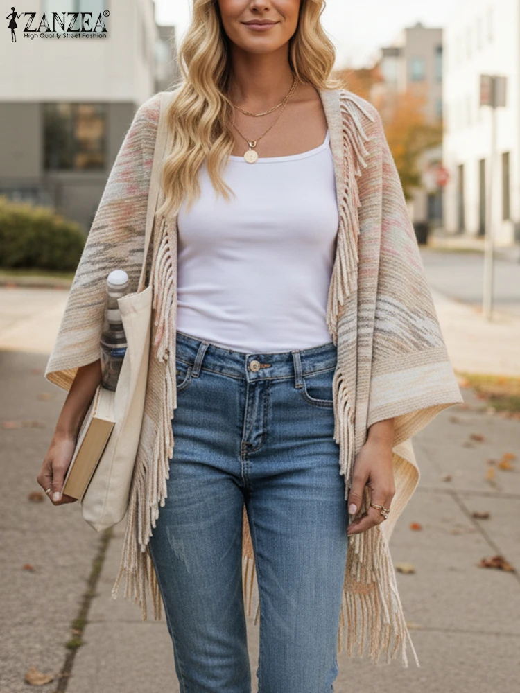 2025 ZANZEA 오픈 프론트 태슬 스웨터 여성 가을 스웨터 카디건 스타일리시 긴 소매 겨울 기모노 코트 니트 아우터웨어
