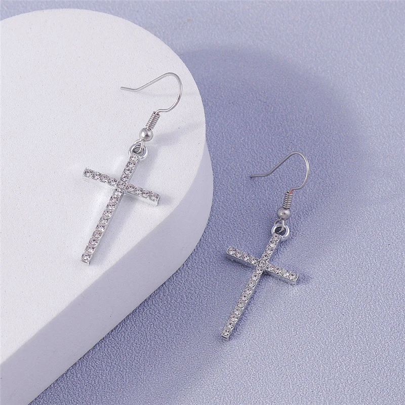 Fashion Zircon Crystal Cross Earrings for Women Men Gothic Punk Hip Hop Jesus Crucifix Dangle Earring Christian Party Jewelry