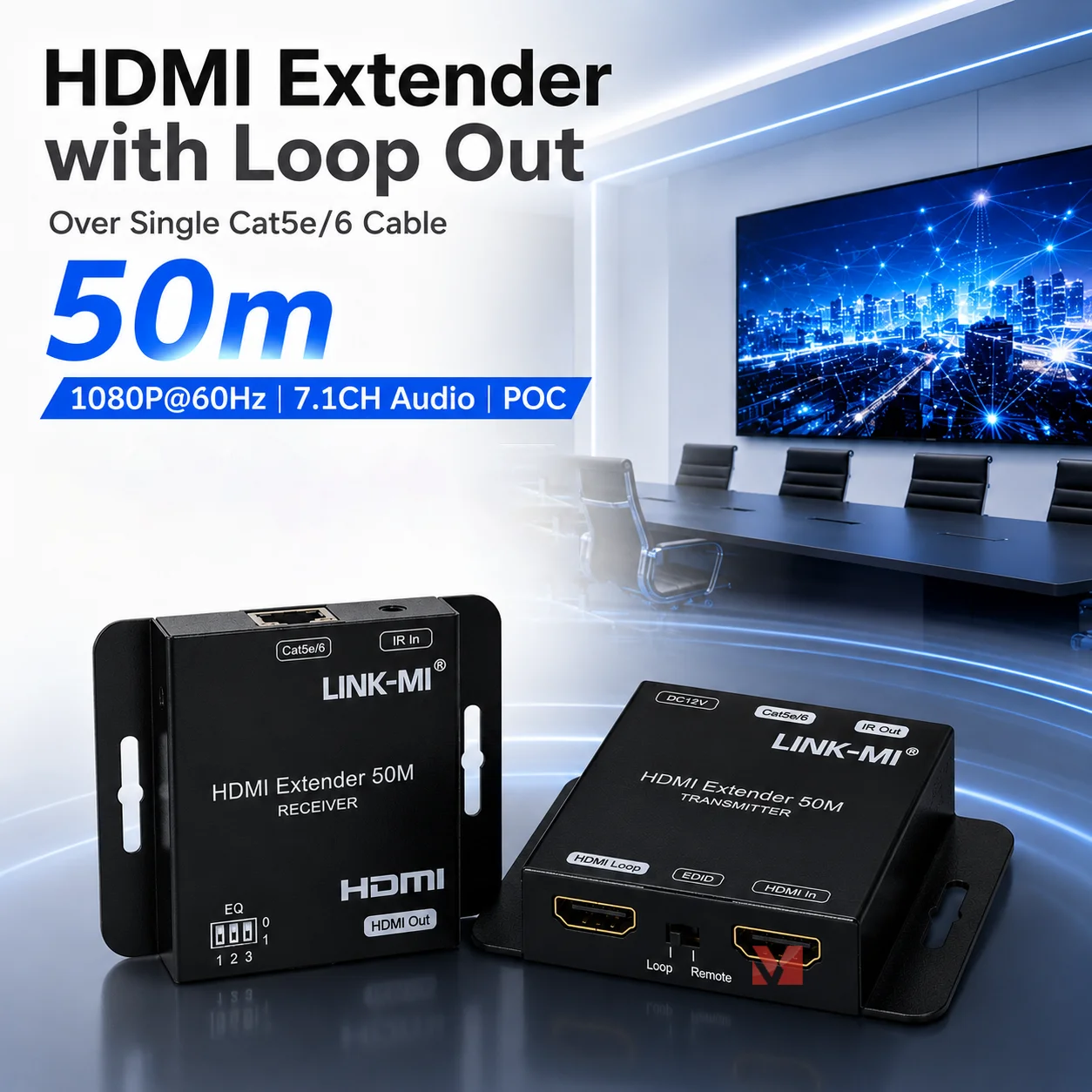HDMI Extender 50m over Single Cat5e/6 with Loop out 1080P Extender POC IR Audio Video Transmitter Receiver