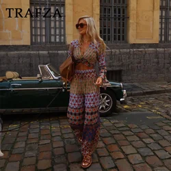 TRAFZA 2024 Spring Summer Casual Printing Women Suits Fashion Vintage Folds Batwing Sleeve Short Top+Elastic Waist Wide Leg Pant