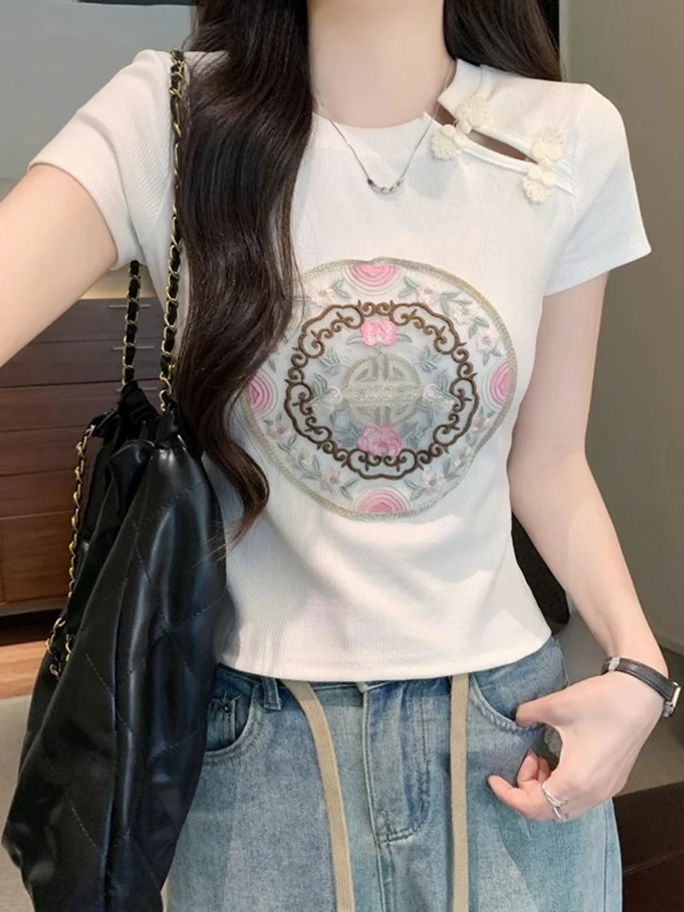 New Chinese Style Pure Cotton Short Sleeve T-Shirt Women's Summer Slim Fit Elegant Short Stitching Embroidery Heavy Work Top