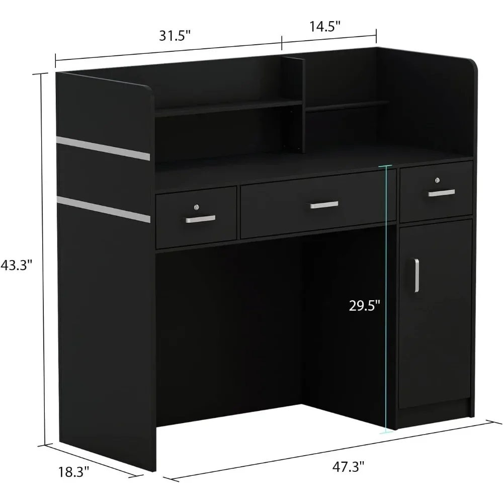 Reception Desk with 2 Lockable Drawer, Checkout Counter Desk with Shelves and Cabinet, Front Counter Table with Cable Hole