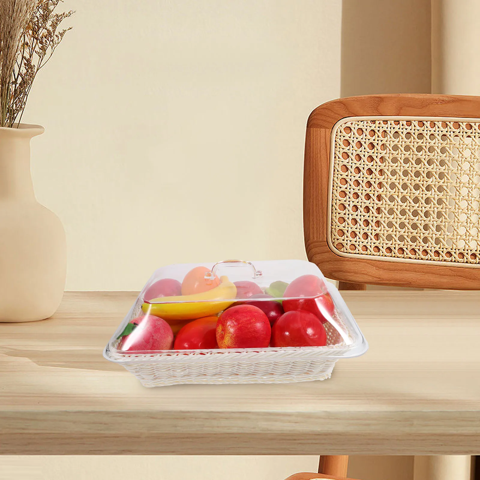 

Multi-Functional Food Storage Imitation Rattan Woven Household Tray With Lid For Bread Fruits Cakes Kitchen Bakery Home Serving