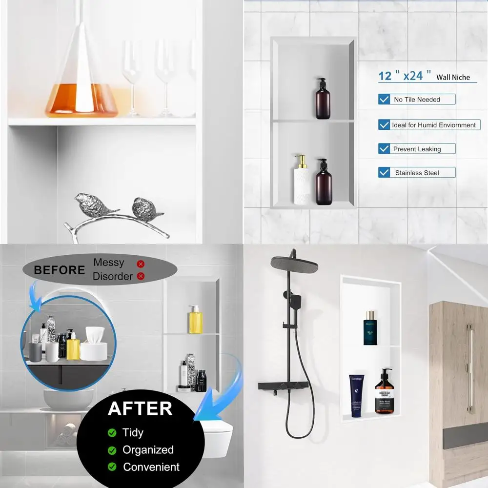 

Ниша для душа из нержавеющей стали 12 x 24, двухъярусная встраиваемая полка для ванной комнаты, матовый белый цвет, плитка не требуется