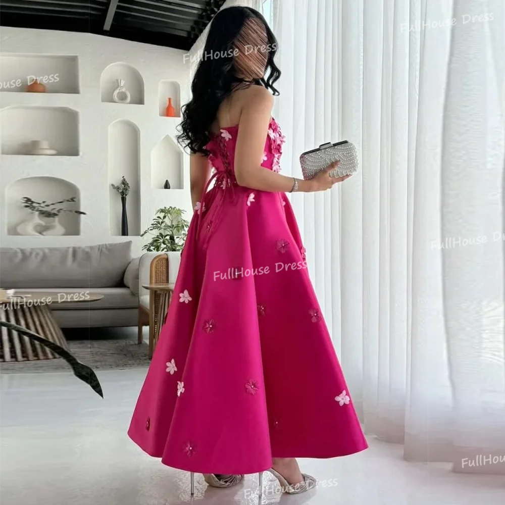 

Custom Made Sleeveless Satin Tiered Pleated Evening Dress A-line Draped Tea-Length Party Dress with Floral Appliques Lace