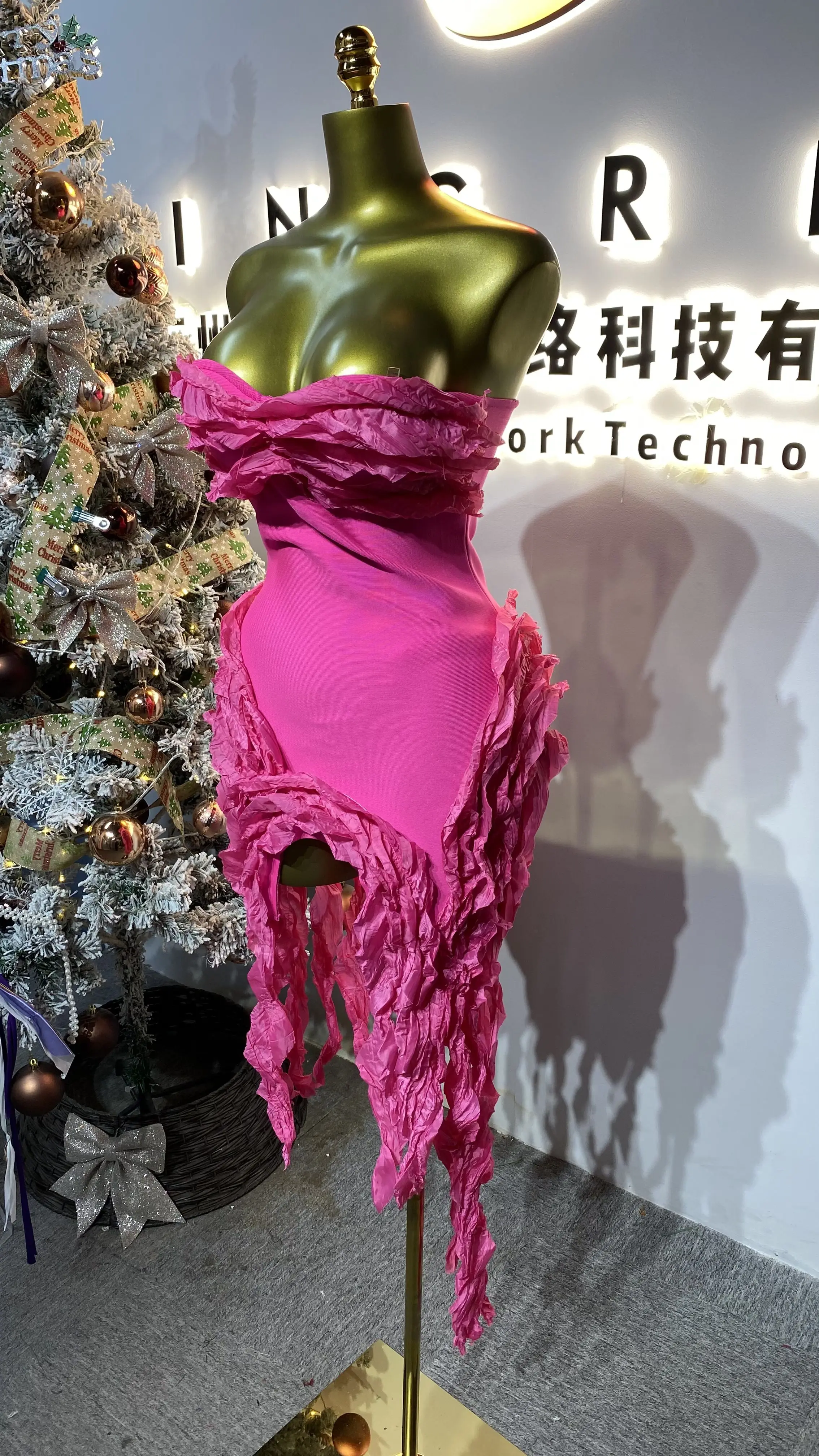 Spring/Summer Women's Paneled Ruffled Ribbon Off-Shoulder Club Party Dress-GZXX209