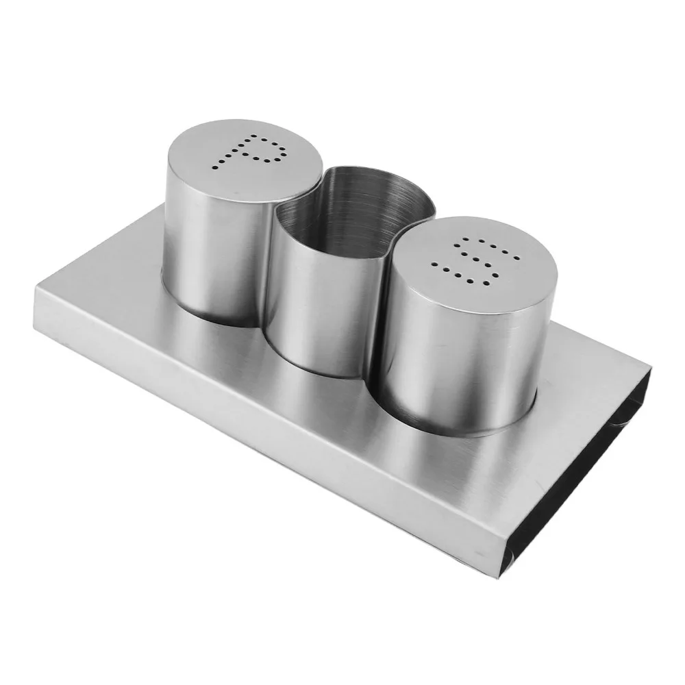 Stainless Steel Salt and Pepper Shakers with Tray 3 in 1 Toothpick Holder Refillable Durable Condiment Shakers Dining Table