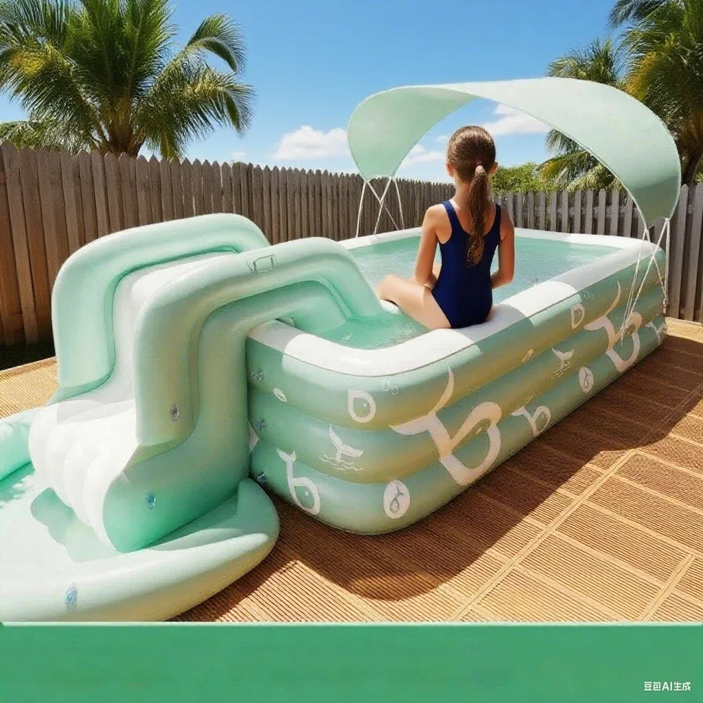 

Large Inflatable Pool with Slide Shade Inflatable Slide Cover Compact Family Sliding Garden Backyard Outdoor Waterfun for Kid